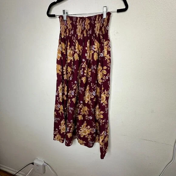 Natural Life Meadow Maroon Gold Tan Floral Smocked Waist Midi Skirt XS / S - Picture 8 of 13